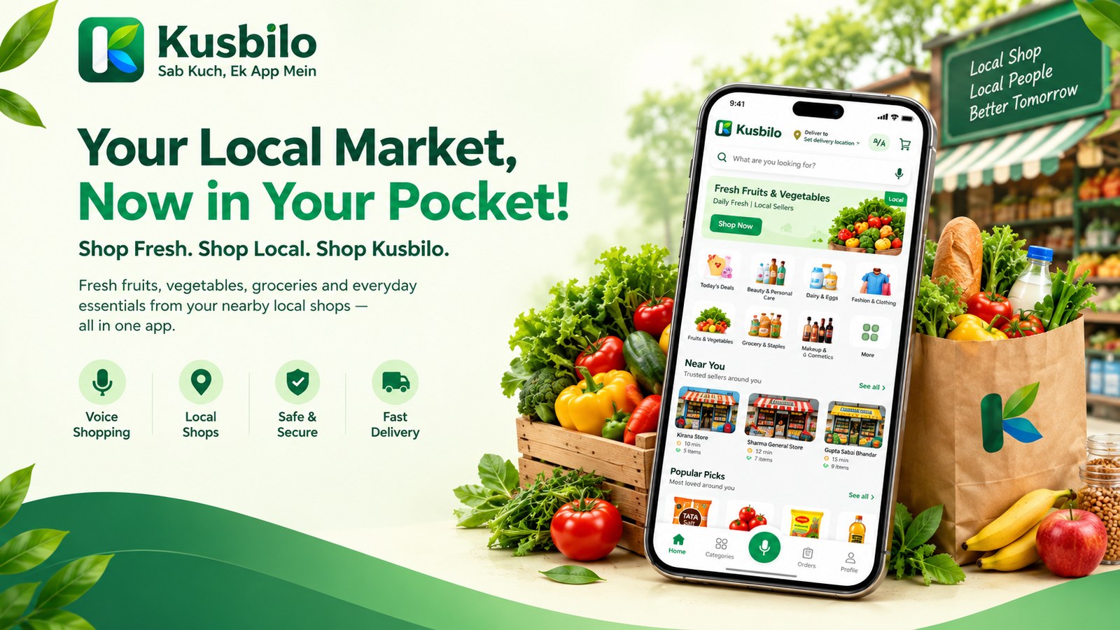 Kusbilo — Your local market, now in your pocket. Voice shopping, local shops, safe and secure, fast delivery.